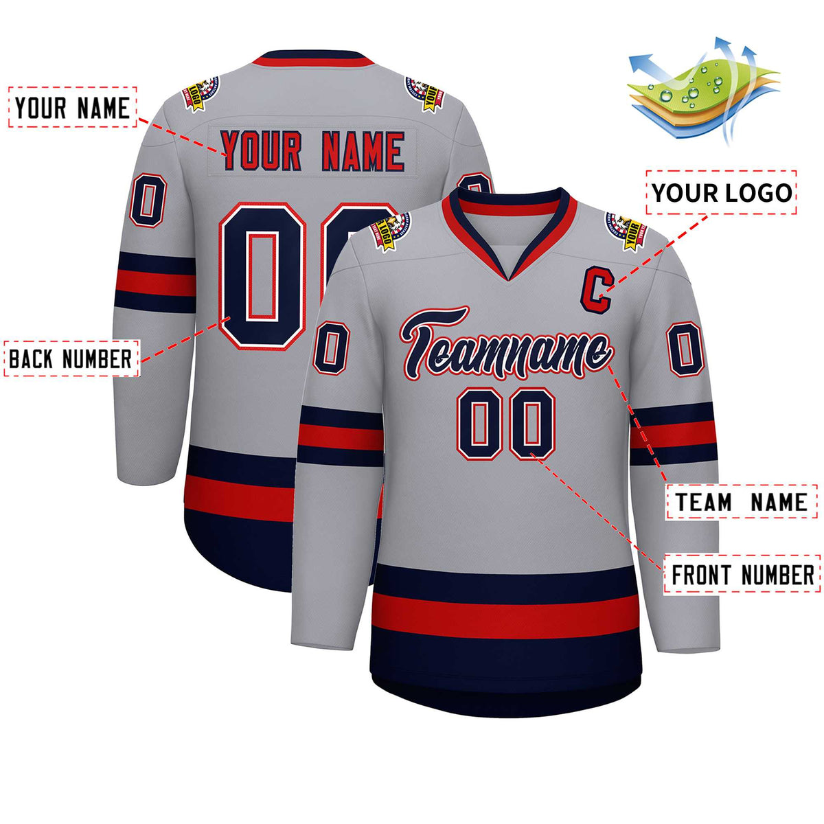 Custom Gray Navy White-Red Classic Style Hockey Jersey