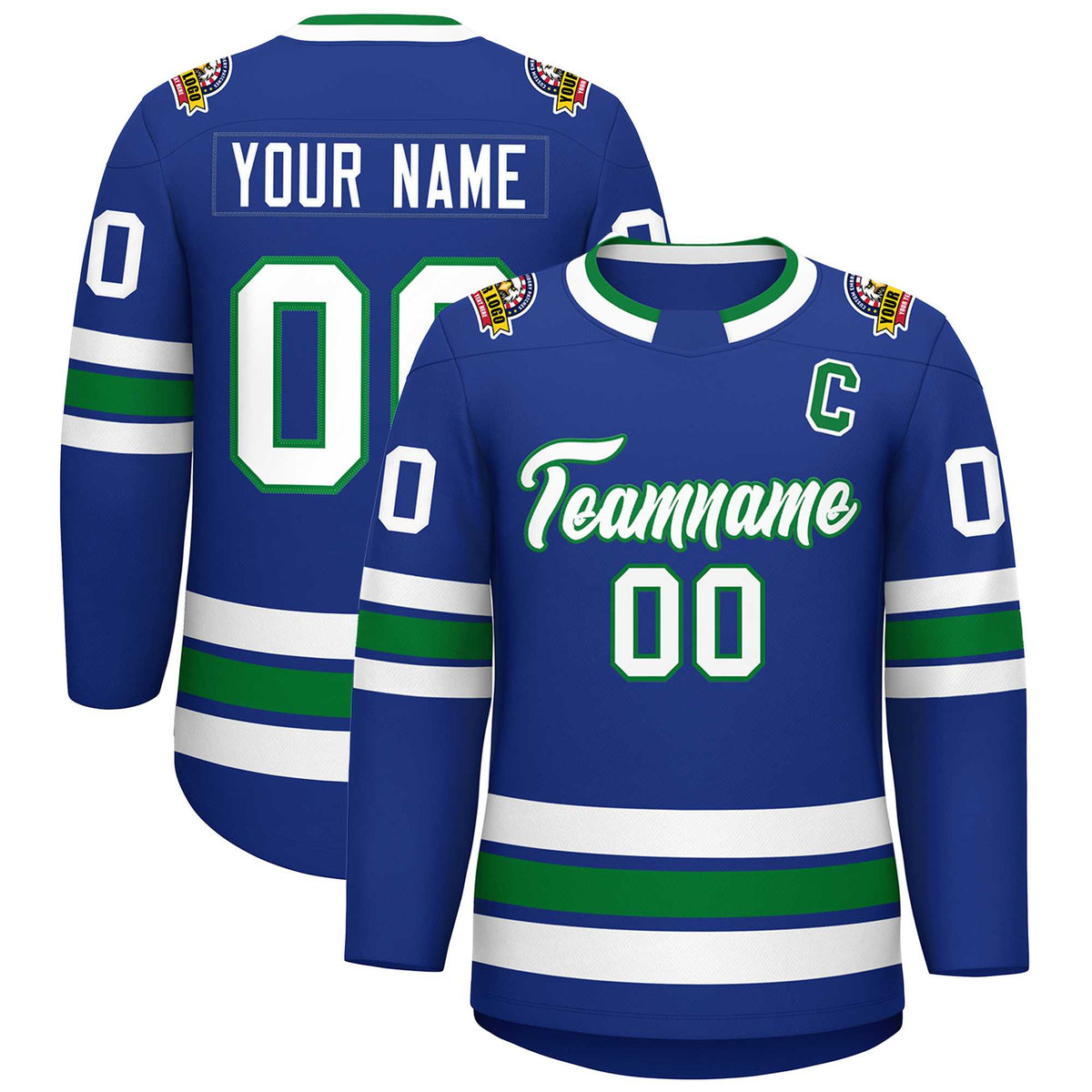 Custom Royal White-Kelly Green Classic Style Hockey Jersey
