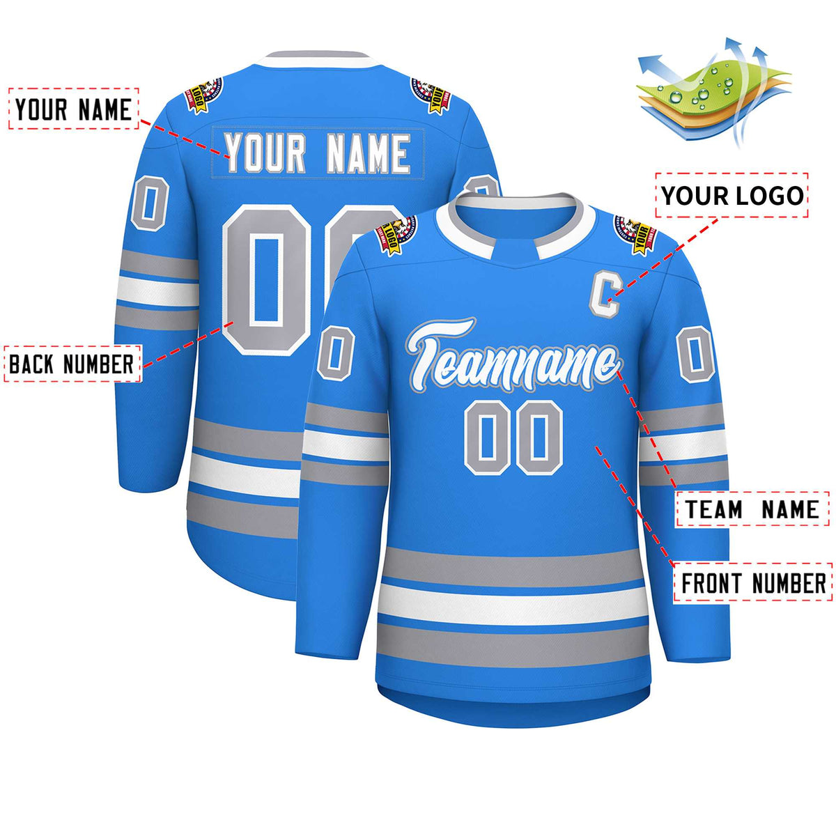 Custom Powder Blue White Powder Blue-Gray Classic Style Hockey Jersey