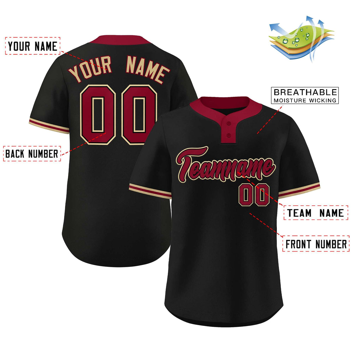 Custom Black Crimson-Old Gold Classic Style Authentic Two-Button Baseball Jersey