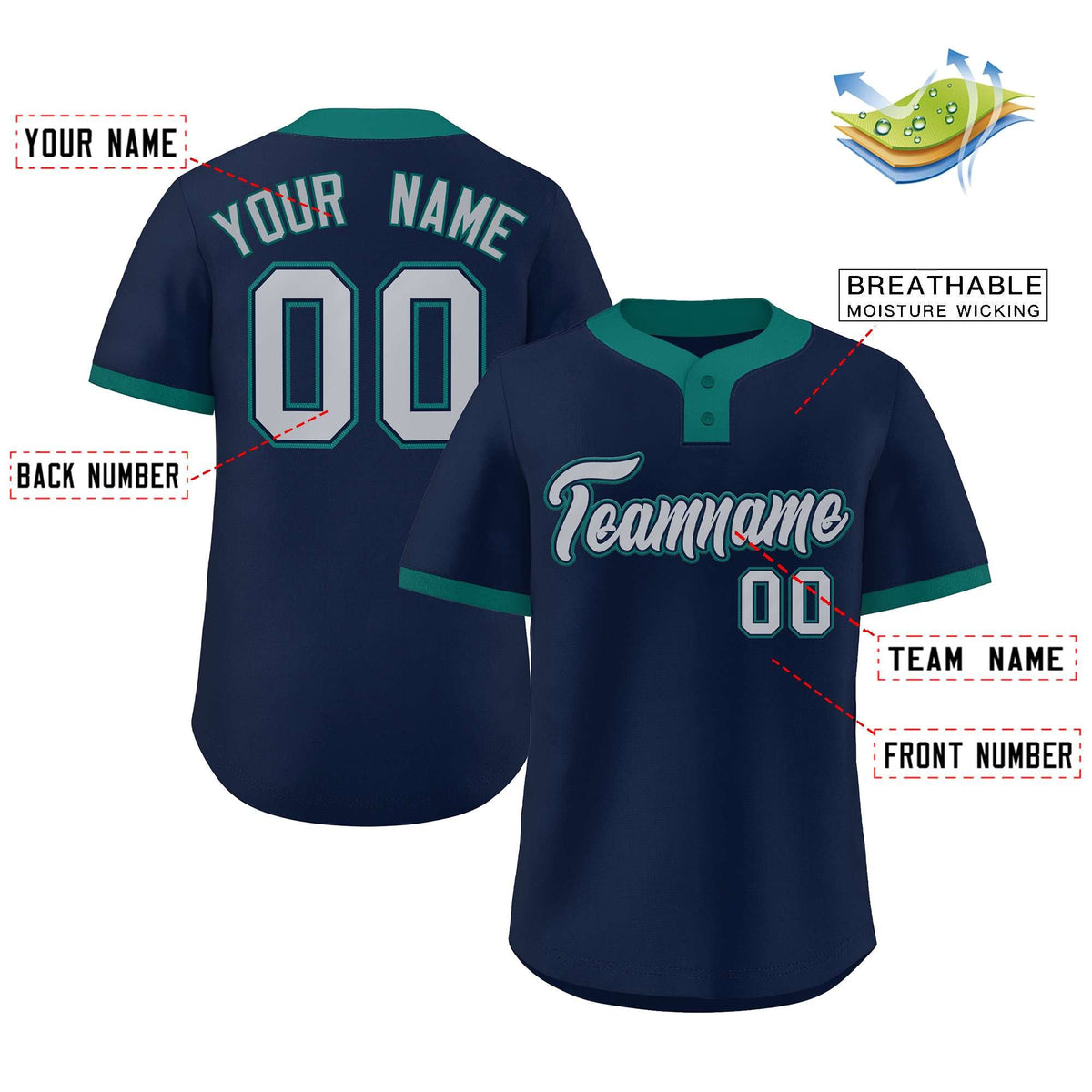 Custom Navy Gray-Aqua Classic Style Authentic Two-Button Baseball Jersey