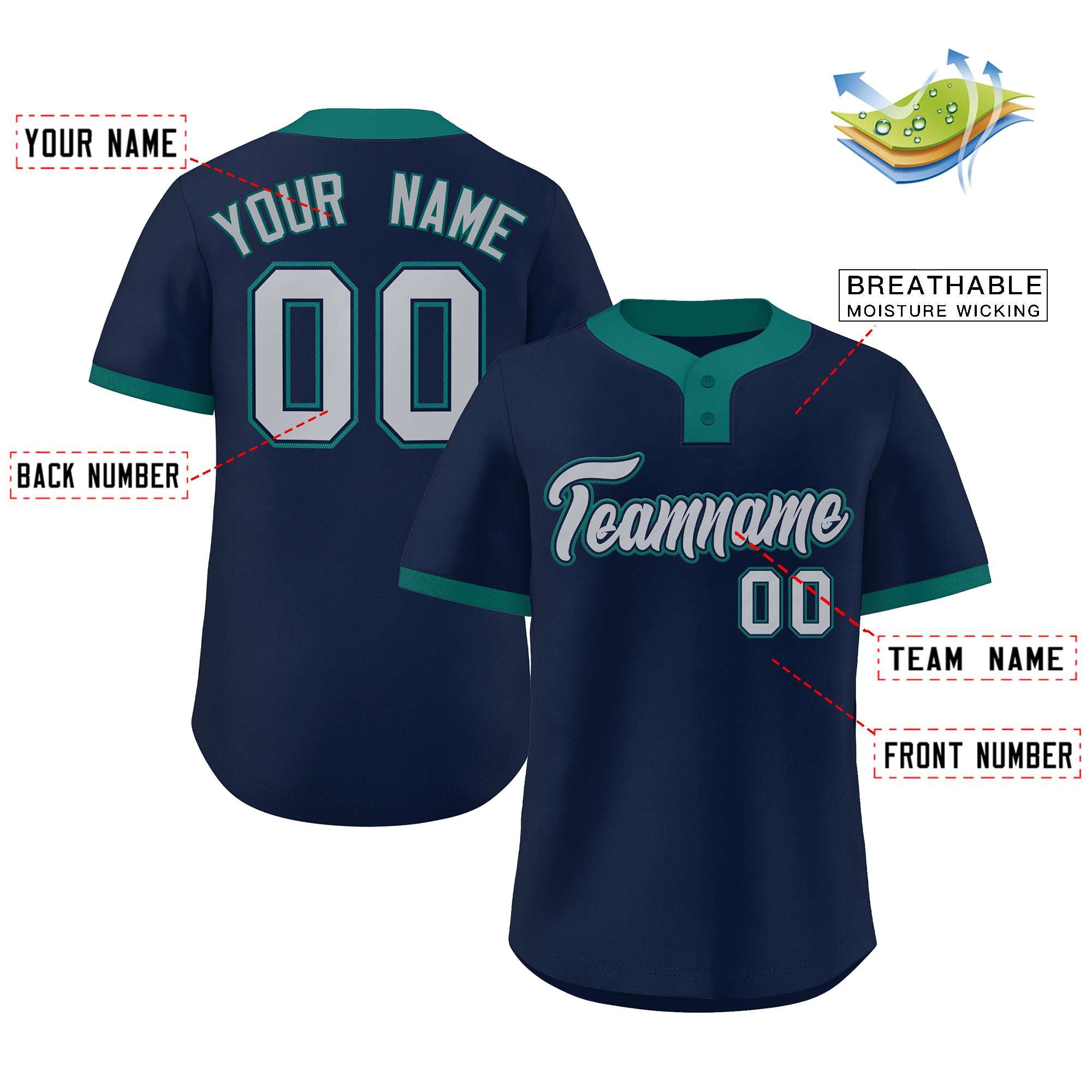 Custom Navy Gray-Aqua Classic Style Authentic Two-Button Baseball Jersey