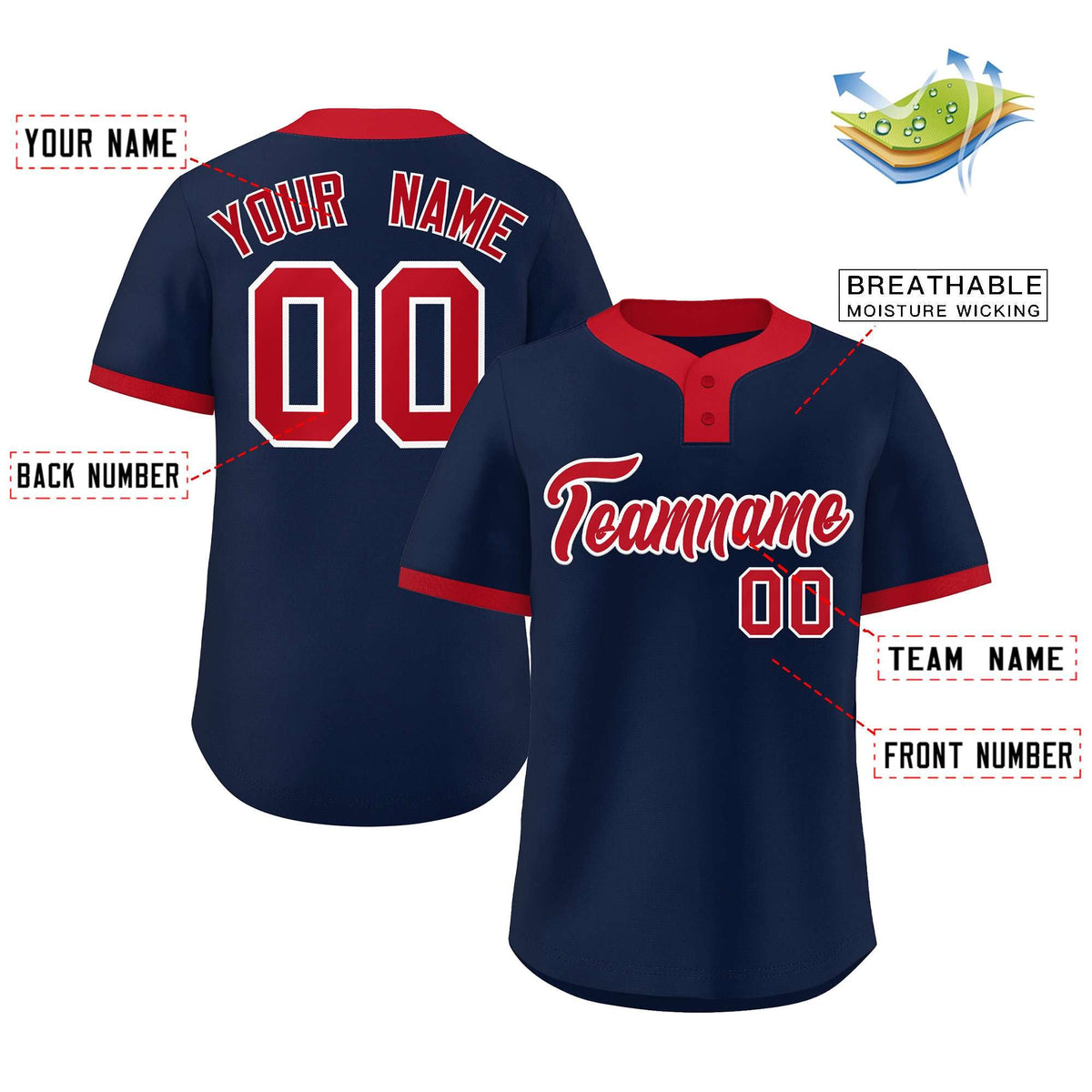 Custom Navy Red Classic Style Authentic Two-Button Baseball Jersey