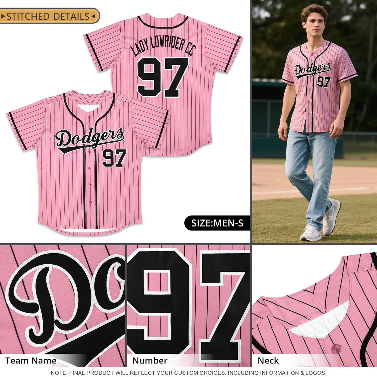 Custom Pink Black Stripe Fashion Design Full Button Authentic Baseball Jersey