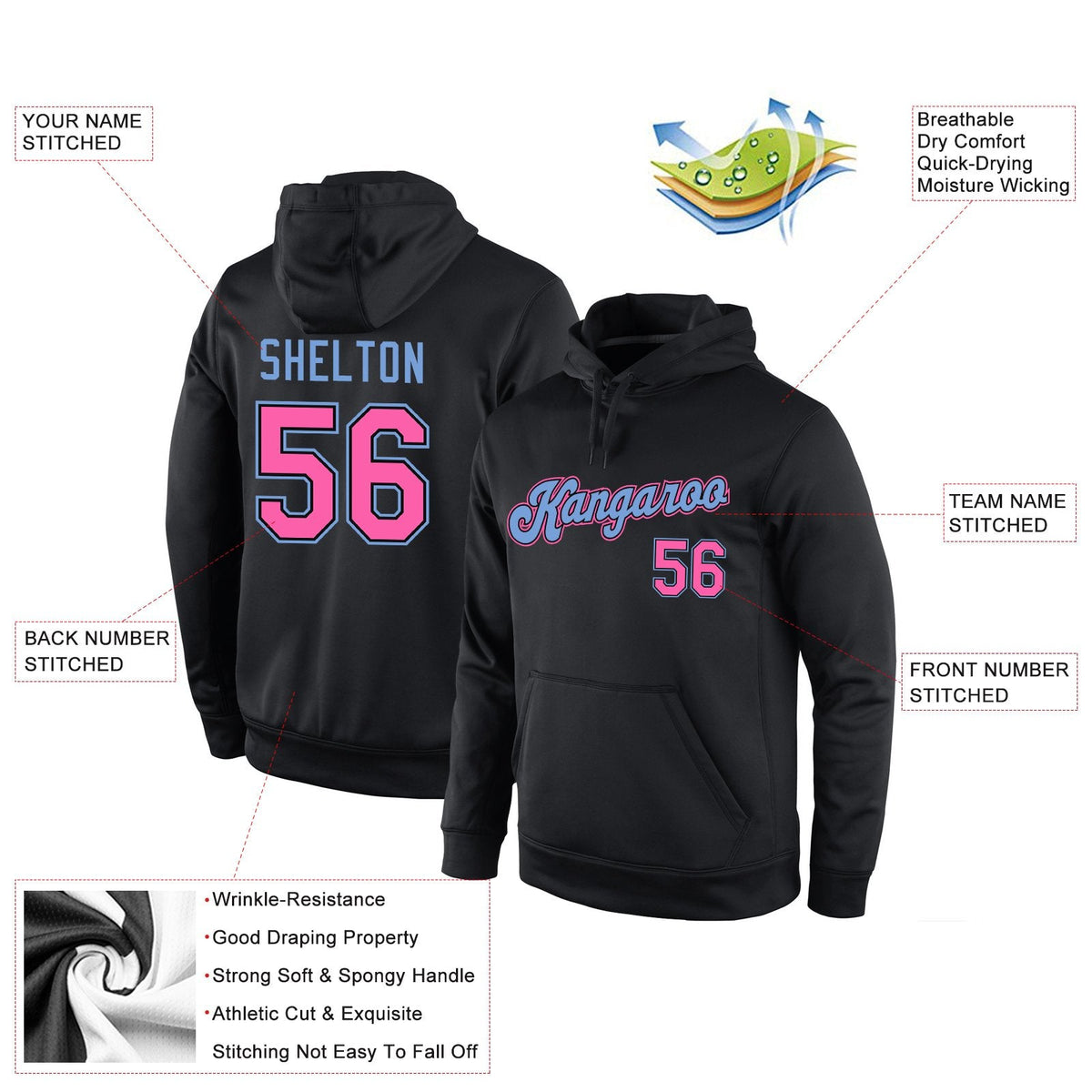 Custom Black Pink-Light Blue Classic Style Uniform Pullover Fashion Hoodie