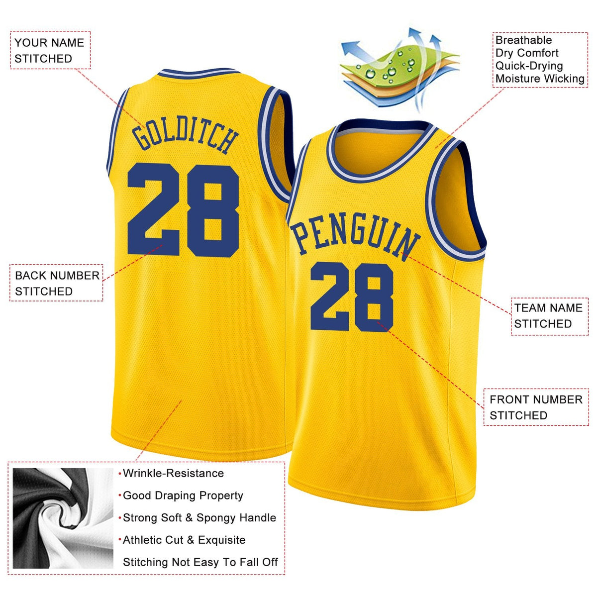 Custom Yellow Royal-White Classic Tops Mesh Sport Basketball Jersey