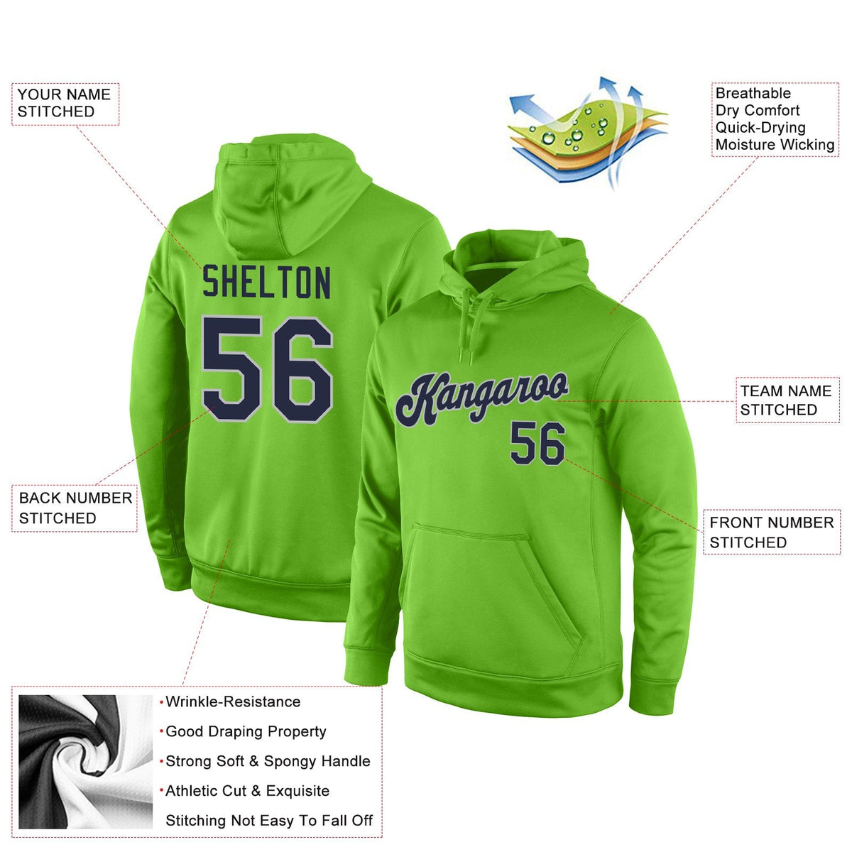 Custom Neon Green Navy-Gray Classic Style Uniform Pullover Fashion Hoodie